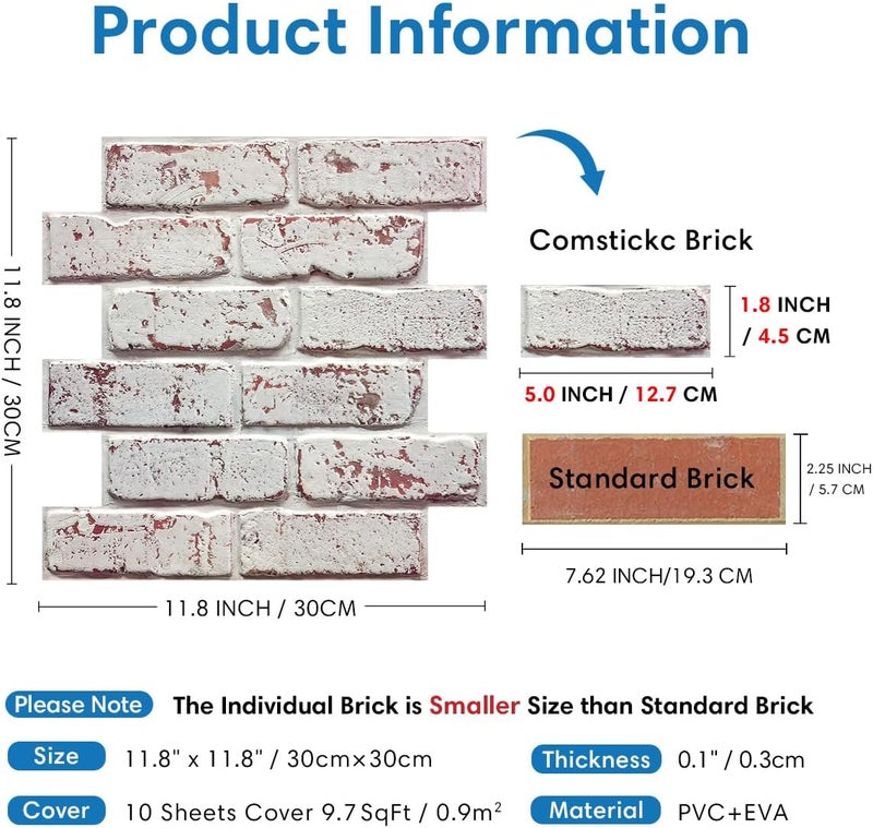 COMSTICKC 3D Faux Brick Peel and Stick Wall Panels,10 Pcs of 12"X12",Small Size, Thin PVC 3D Fake Brick Self Adhesive Wall Covering Faux Brick Backsplash Interior Decor (Whitewash Red -1) - Image 4